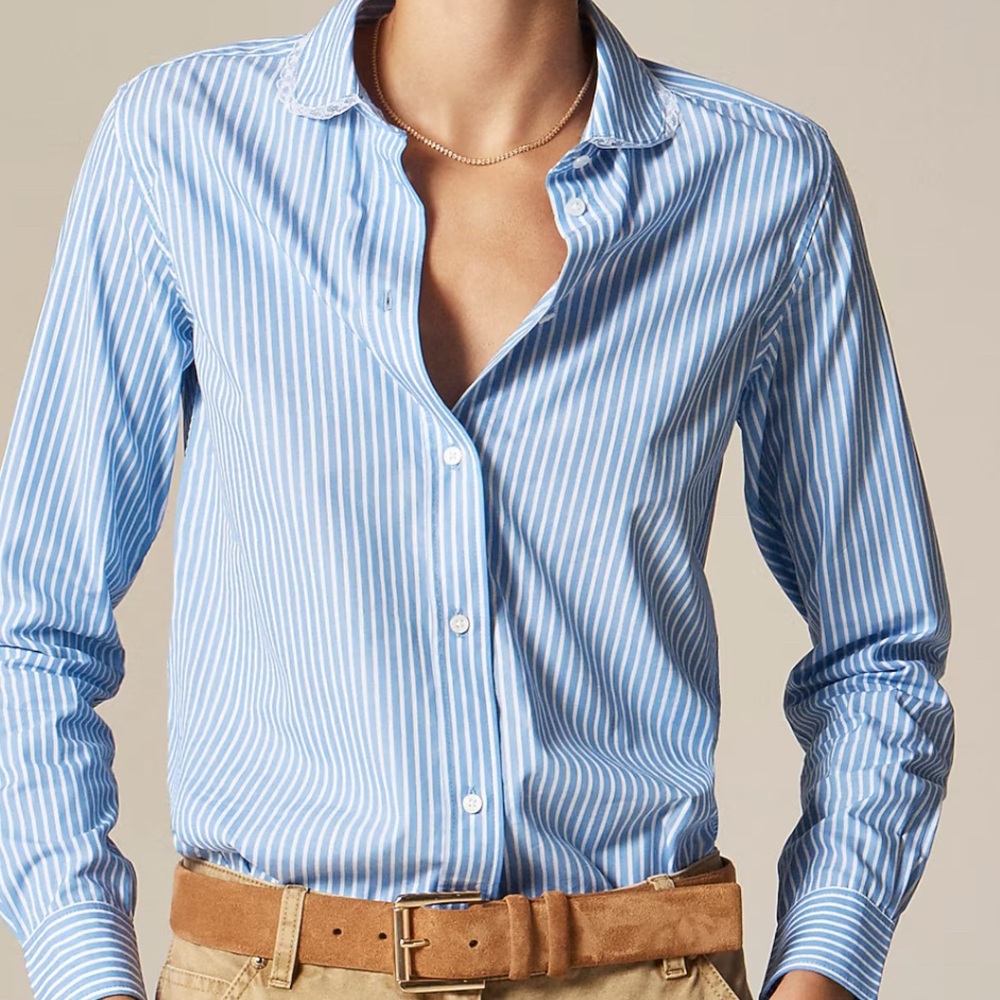 J.Crew Jules Club Collar Striped Poplin Shirt Blue White Lace Trim 10 NEW CN500